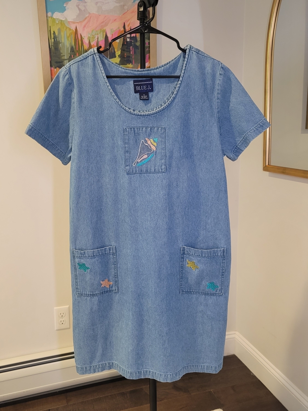 BLUE J. Cotton Denim Dress Embroidered Fish Design with Pockets Women's Size M